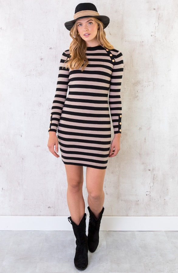 Gestreepte Jurk Knopen Beige – shoparchief, foto 3