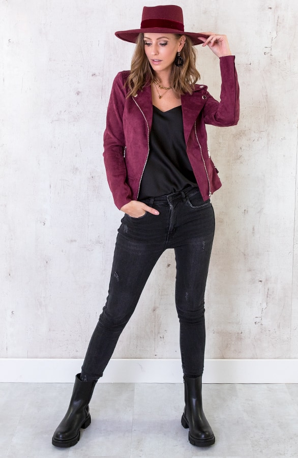Biker Jacket Suede Bordeaux – shoparchief, foto 3