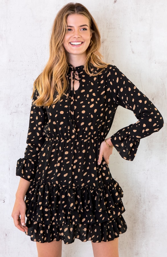 Cheetah Ruches Jurk Zwart Camel – shoparchief
