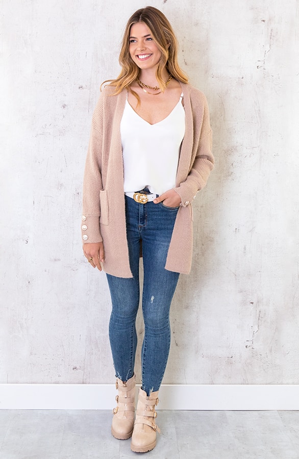 Gebreid Vest Knopen Taupe – shoparchief, foto 3