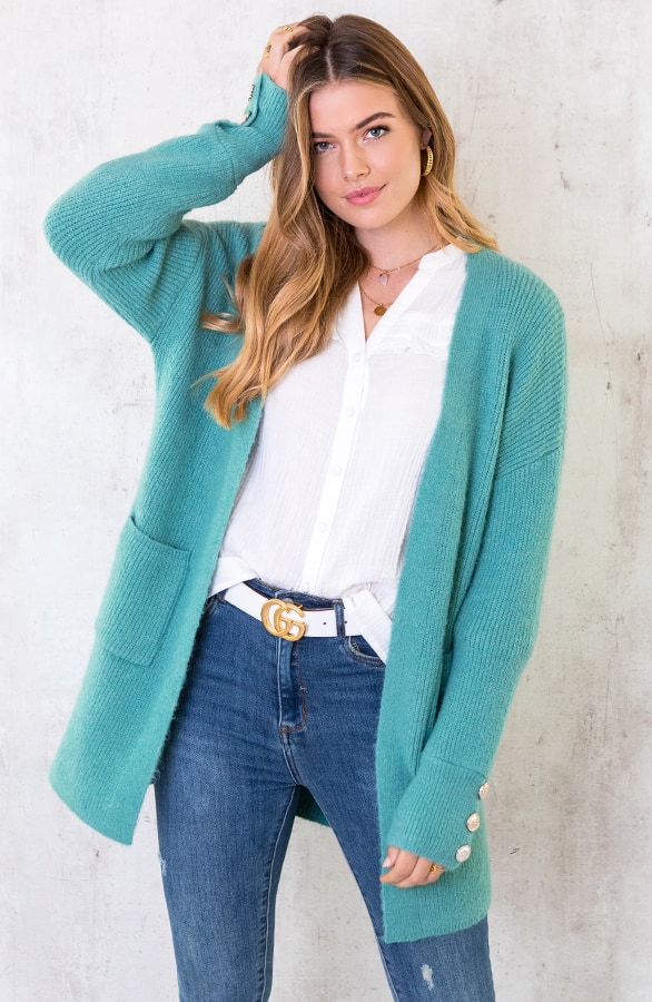 Gebreid Vest Knopen Turquoise – shoparchief, foto 4