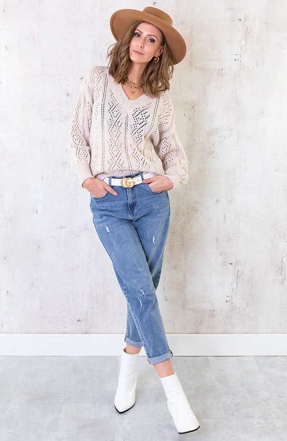 Gehaakte V Trui Beige – shoparchief, foto 3