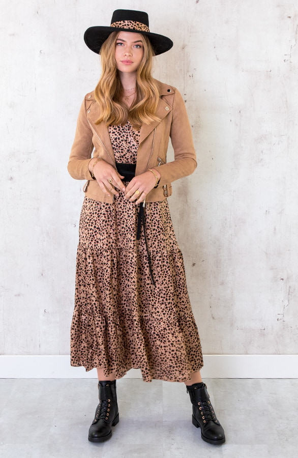 Lange Cheetah Silk Jurk Camel – shoparchief, foto 7