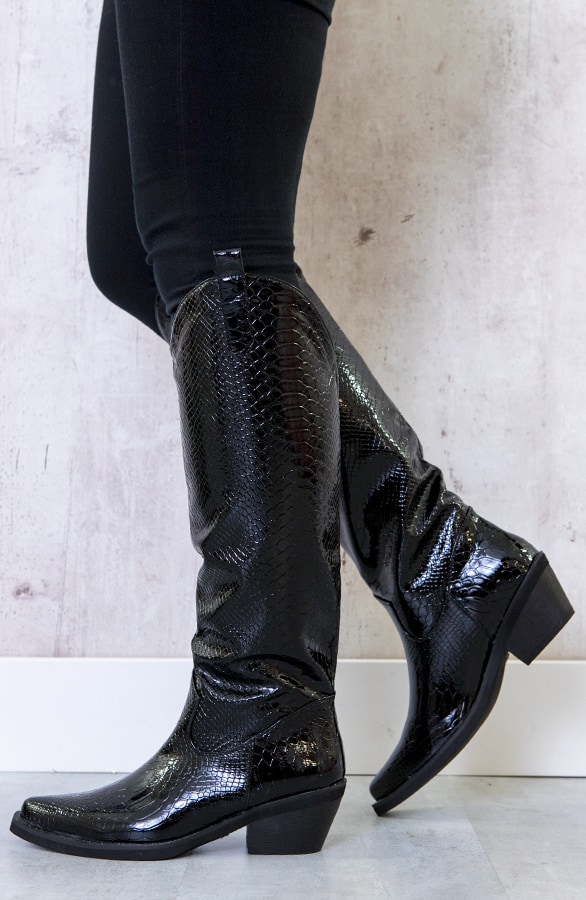 Slangenprint Lak Boots Zwart – shoparchief