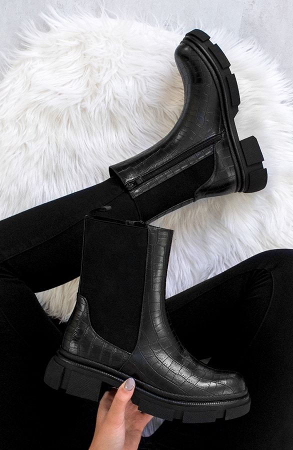 Hohe Chelsea Croco Boots Schwarz, Shoparchiv