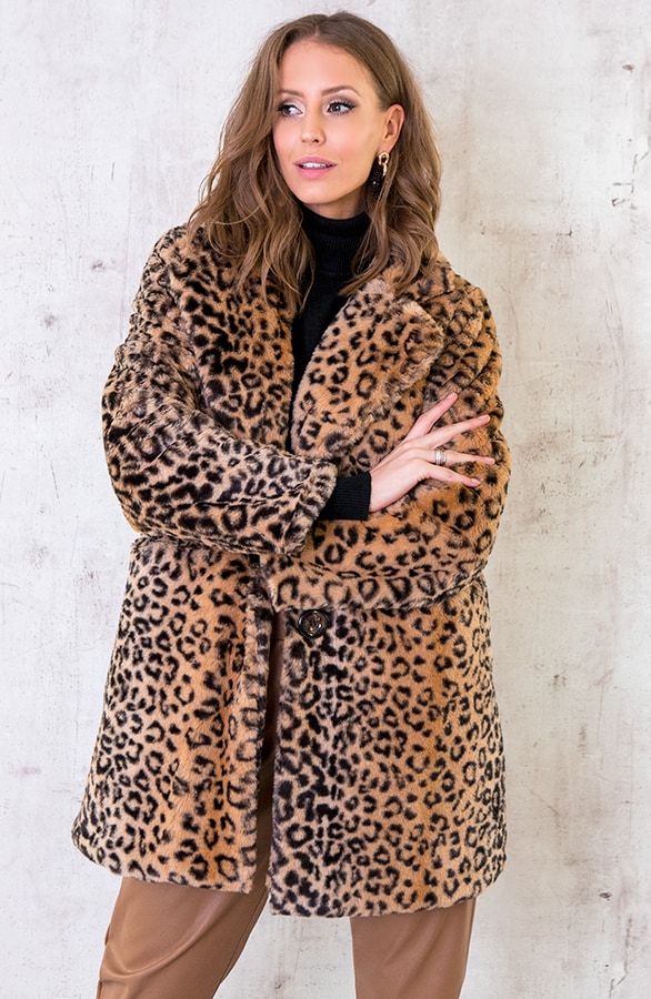 Faux Fur Jas Panterprint Camel – shoparchief