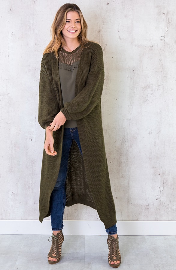 Gebreid Vest Lang Legergroen – shoparchief