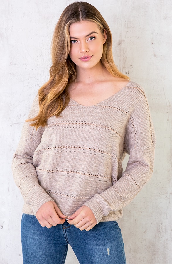 Gebreide V Trui Strepen Beige – shoparchief