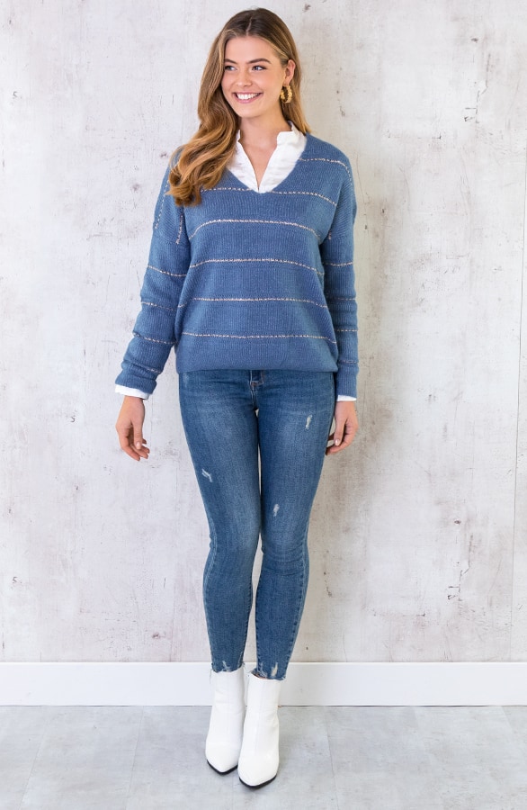 Gebreide V Trui Strepen Blauw – shoparchief, foto 4