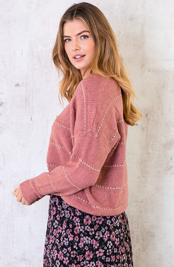 Gebreide V Trui Strepen Oud Roze – shoparchief, foto 5