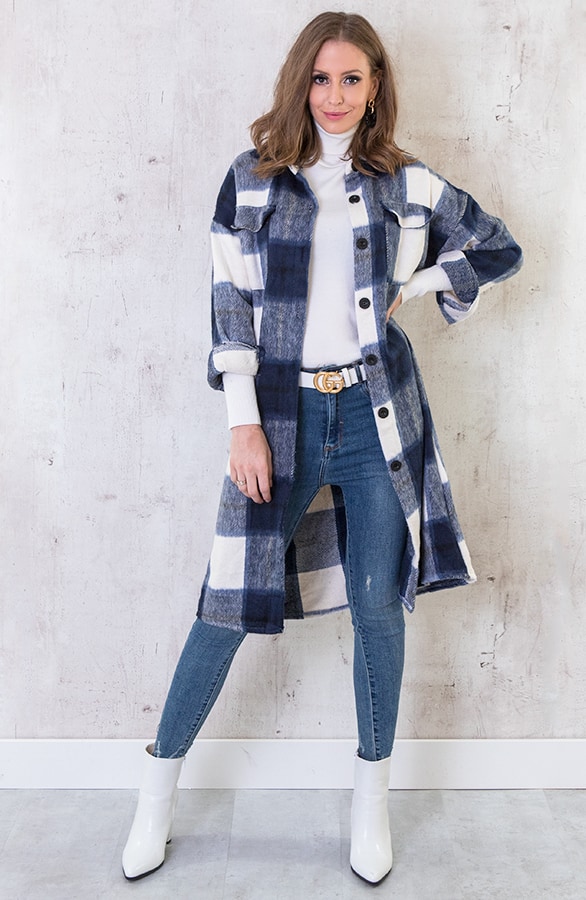 Fleece Jacket Lang Geblokt Blauw – shoparchief