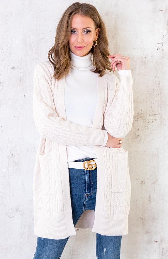 Kabel Vest Gebreid Lang Beige – shoparchief