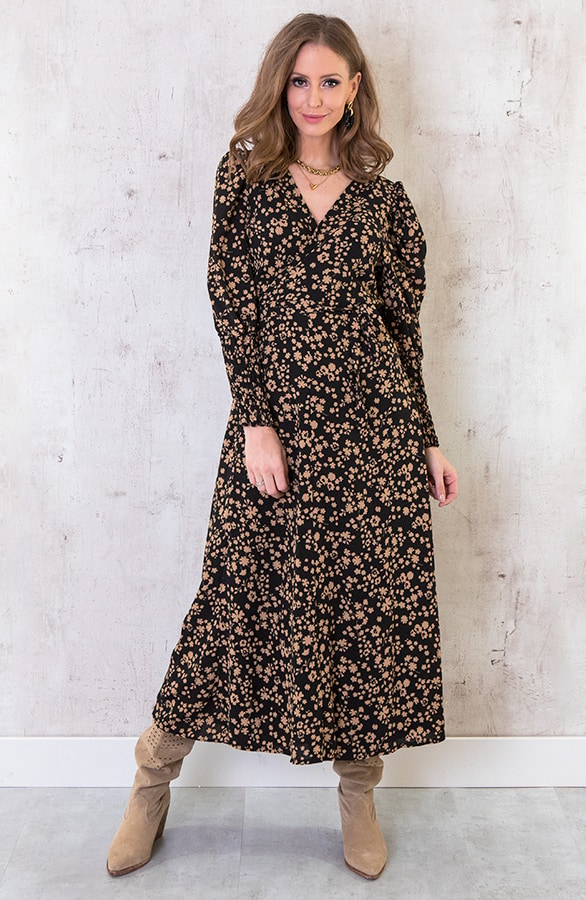 Maxi Bloemen Jurk Met Pofmouwen Camel – shoparchief