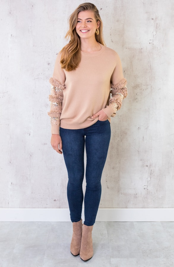 Pailletten Ruches Trui Beige – shoparchief, foto 3