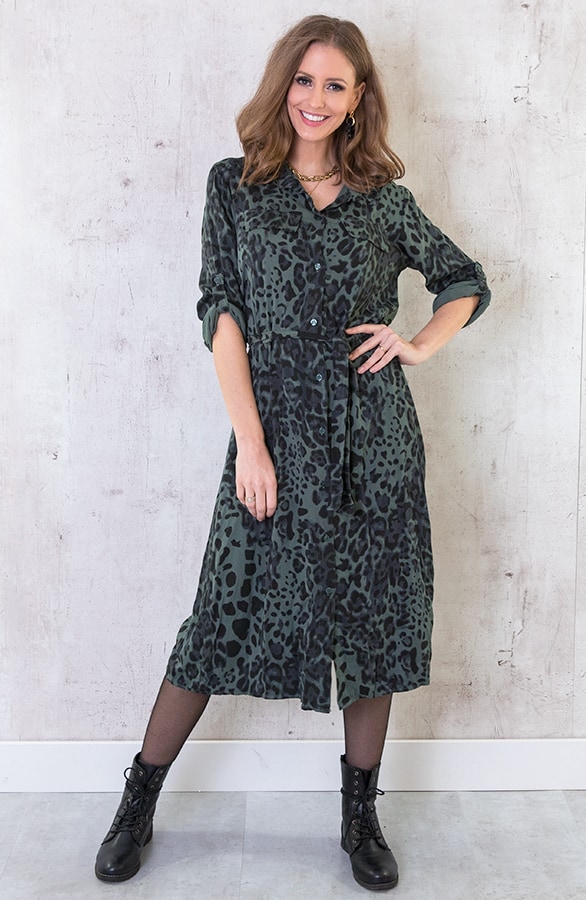 Panterprint Midi Jurk Legergroen – shoparchief