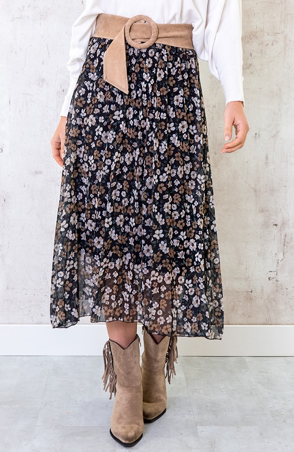 Plisse Bloemen Maxi Rok Taupe – shoparchief