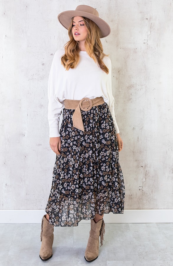 Plisse Bloemen Maxi Rok Taupe – shoparchief, foto 4