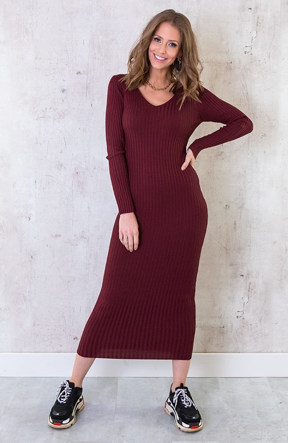 Stretch Rib Jurk Bordeaux – shoparchief