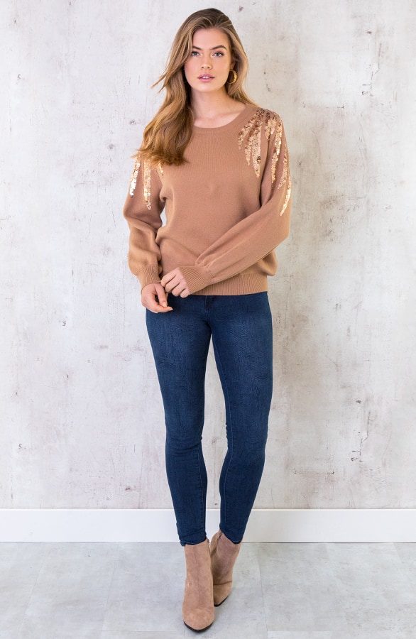 Trui Met Pailletten Camel – shoparchief, foto 3