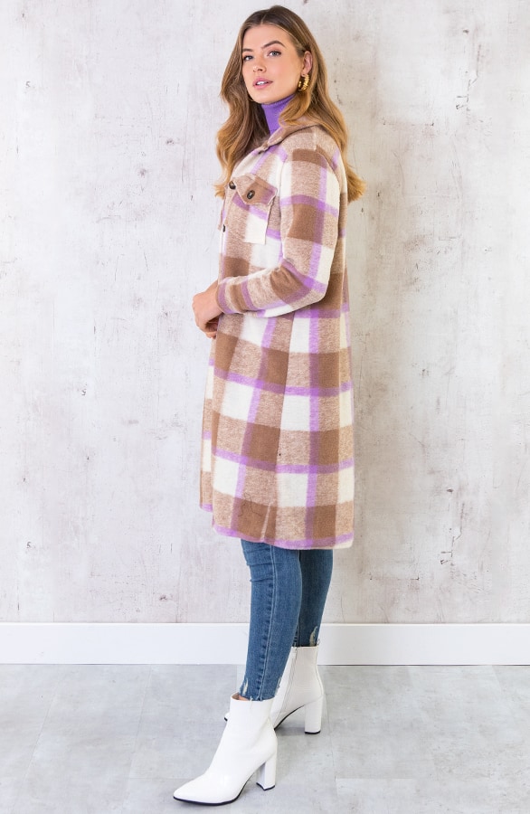 Woven Coat Geblokt Camel Lila – shoparchief, foto 4