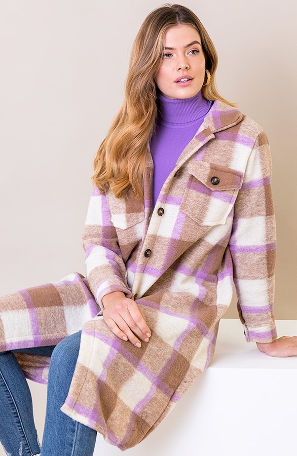Woven Coat Geblokt Camel Lila – shoparchief, foto 3