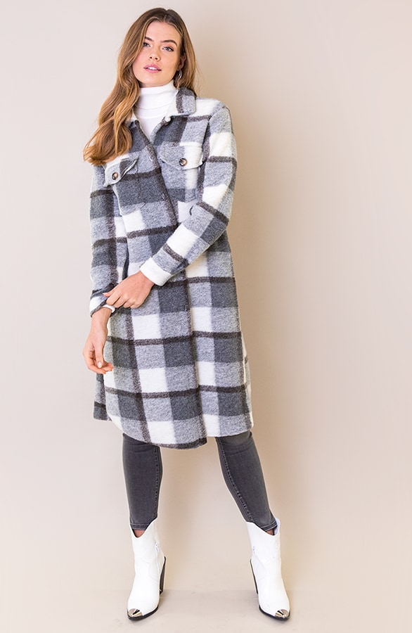 Woven Coat Geblokt Grijs – shoparchief
