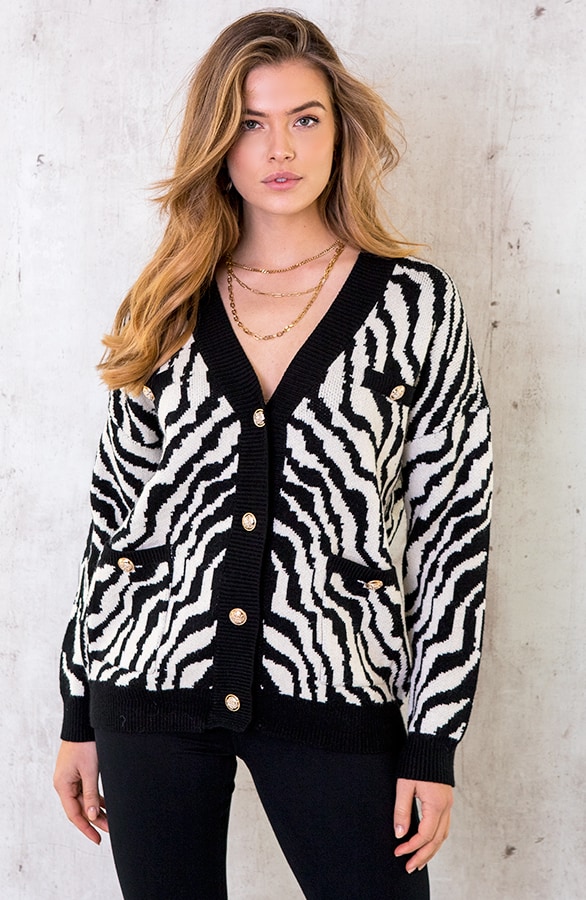 Zebra Vest Met Knopen Zwart Creme – shoparchief