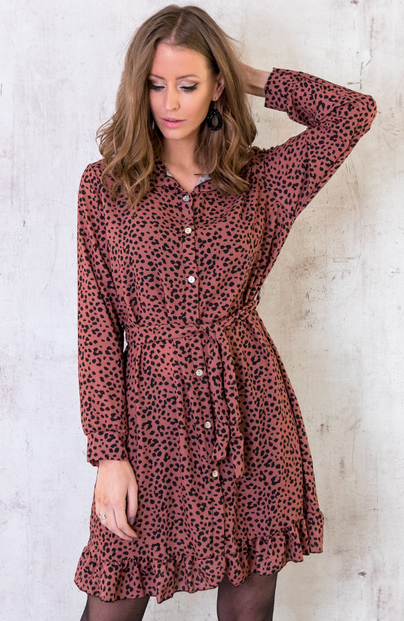 Cheetah Knopen Ruches Jurk Brique – shoparchief
