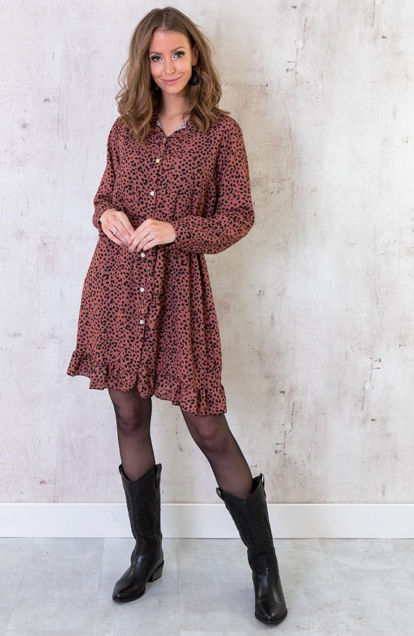 Cheetah Knopen Ruches Jurk Brique – shoparchief, foto 5