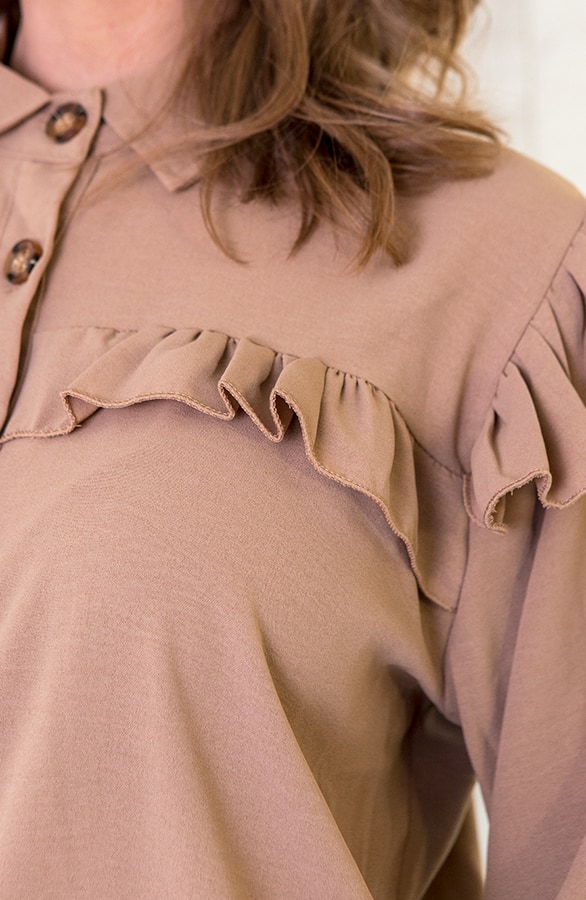 Knopen Ruches Blouse Camel – shoparchief, foto 4