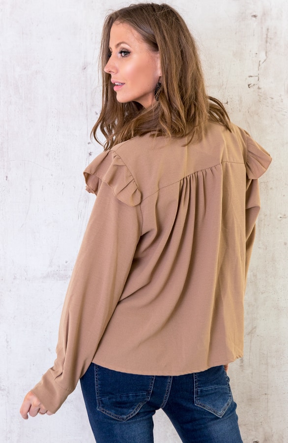 Knopen Ruches Blouse Camel – shoparchief, foto 3