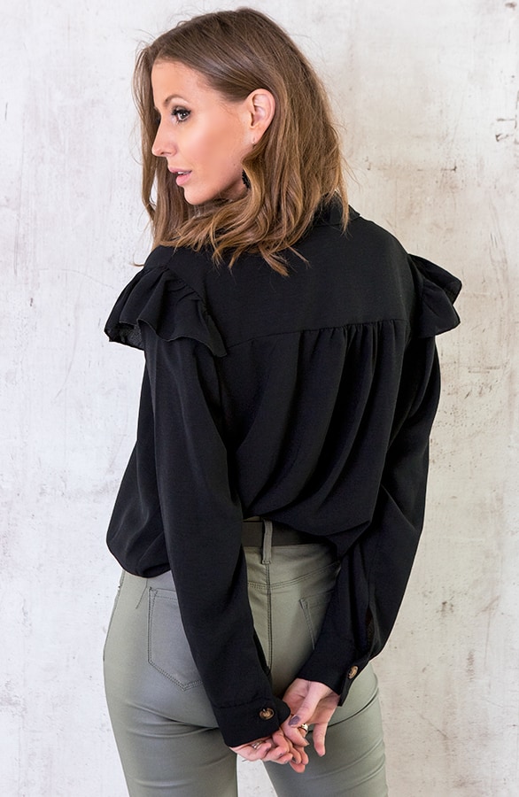 Knopen Ruches Blouse Zwart – shoparchief, foto 4