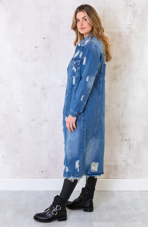 Damaged Spijkerjacket Maxi Blauw – shoparchief