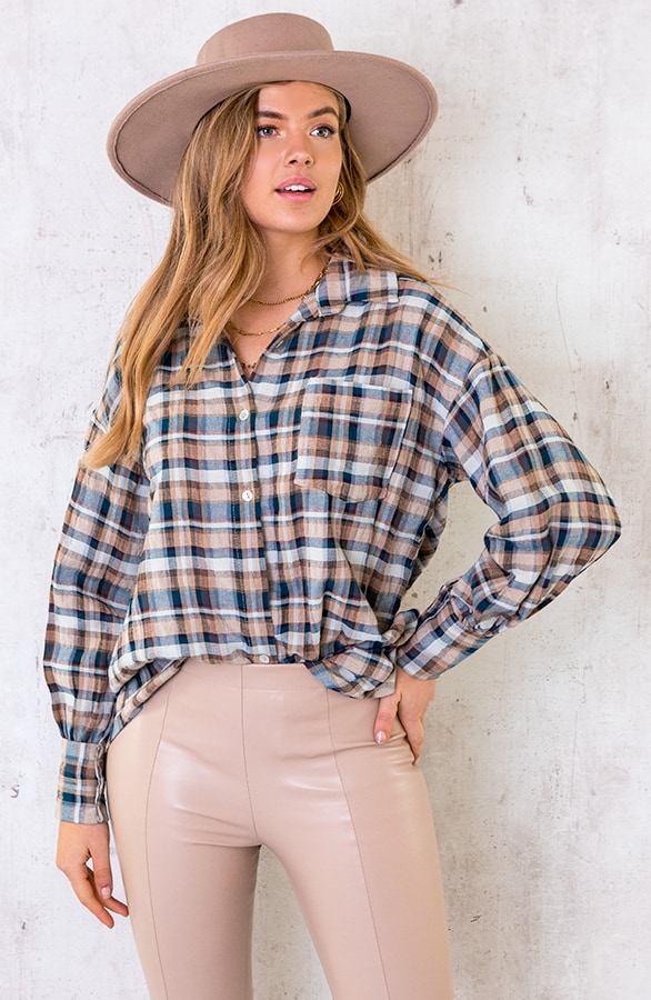 Geblokte Blouse Dames Taupe – shoparchief