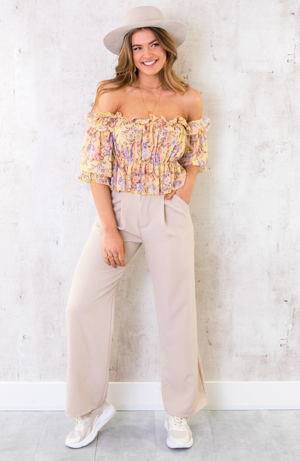 Crop Off Shoulder Top Floral Geel – shoparchief, foto 2