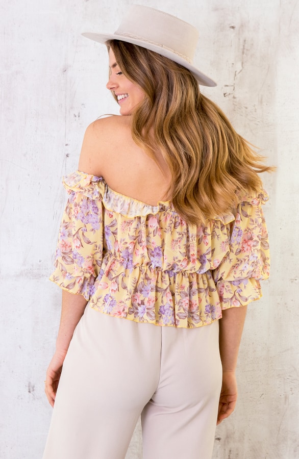 Crop Off Shoulder Top Floral Geel – shoparchief, foto 3