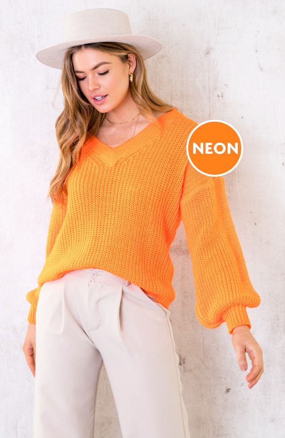 Gebreide Trui Met V-hals Neon Oranje – shoparchief