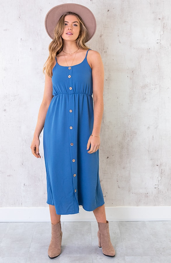 Midi Jurk Knopen Santorini Jeansblauw – shoparchief, foto 2