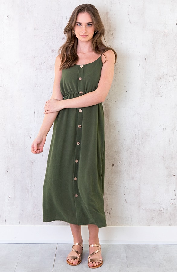 Midi Jurk Knopen Santorini Legergroen – shoparchief, foto 3