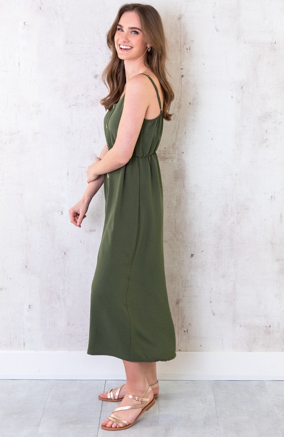 Midi Jurk Knopen Santorini Legergroen – shoparchief, foto 4