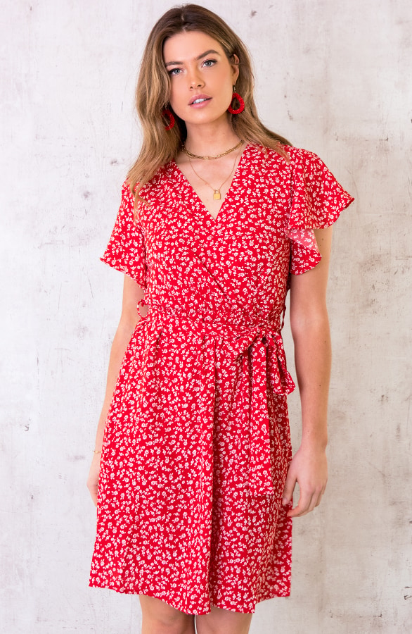 Bloemen Jurk Met Strik Rood – shoparchief