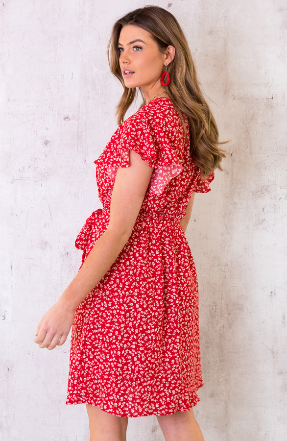 Bloemen Jurk Met Strik Rood – shoparchief, foto 4