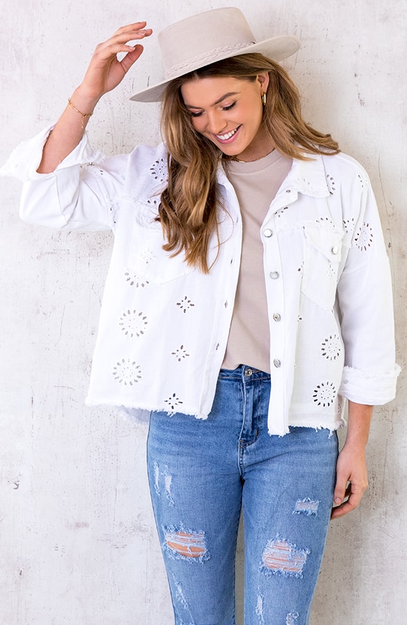 Denim Embroidery Jacket Wit – shoparchief