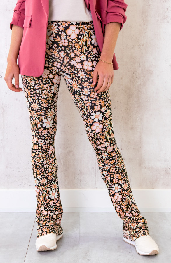 Flared Broek Bloemen Zwart Oranje – shoparchief