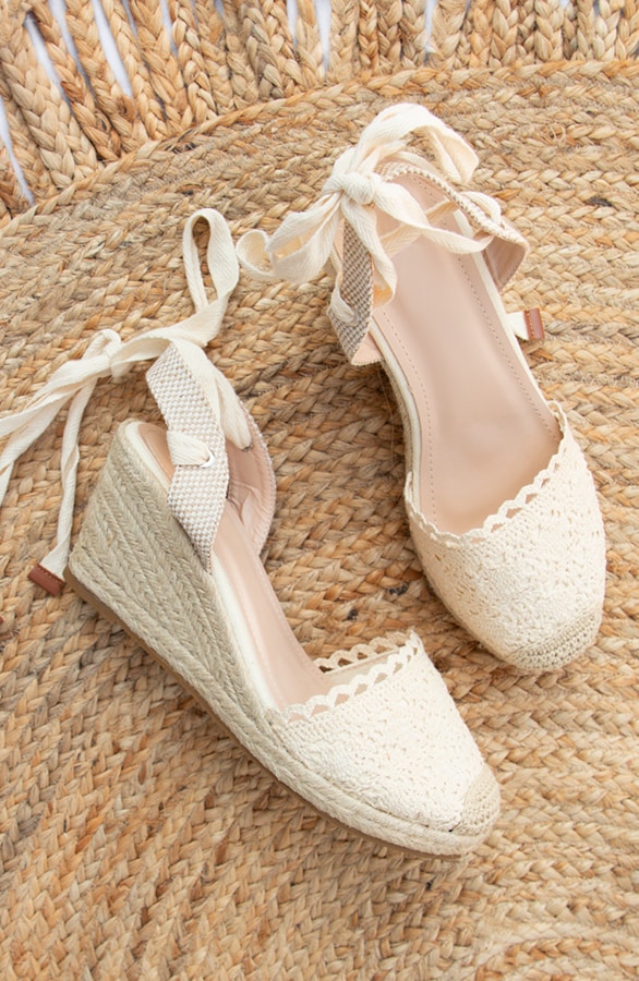 Kanten Espadrilles Met Sleehak Beige – shoparchief
