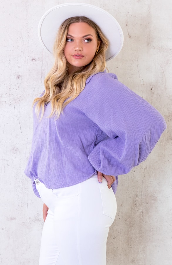 Katoenen Oversized Blouse Lila – shoparchief, foto 7
