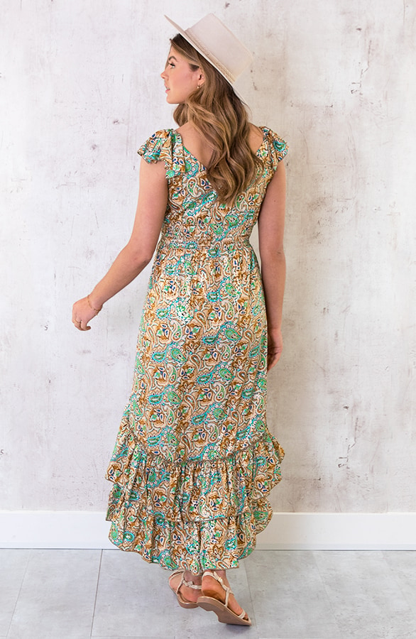 Maxi Paisley Jurk Ruches Turquoise – shoparchief, foto 4