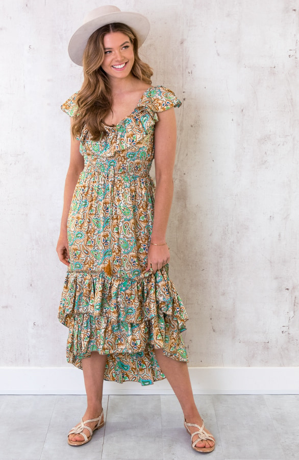 Maxi Paisley Jurk Ruches Turquoise – shoparchief