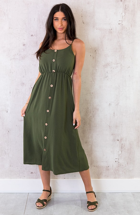 Midi Jurk Knopen Santorini Legergroen – shoparchief