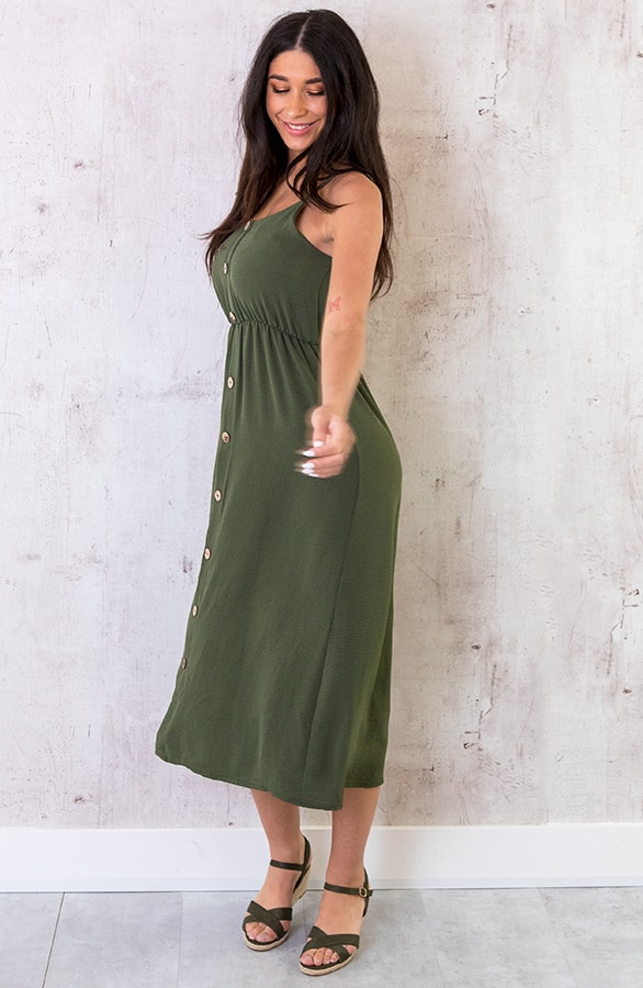 Midi Jurk Knopen Santorini Legergroen – shoparchief, foto 2
